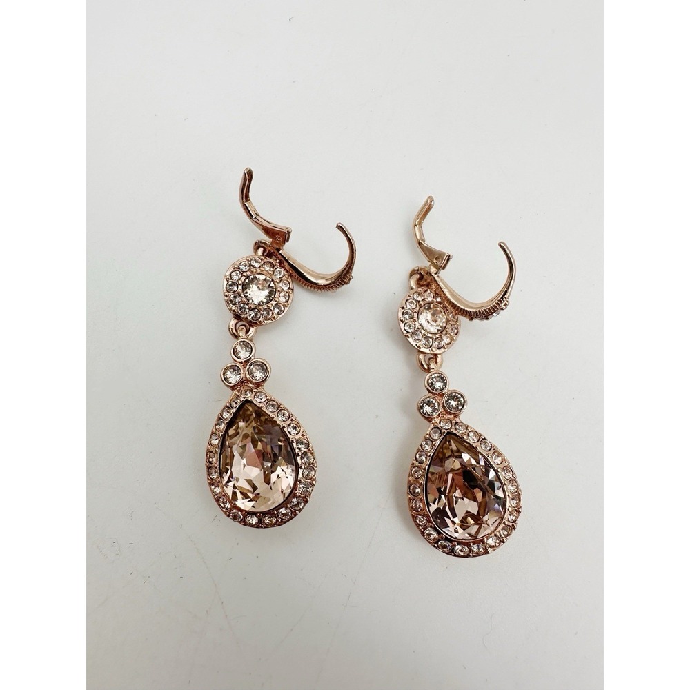 Givenchy Rose Gold Swarovski Crystal Linear Earrings Lever Back Drop Style Bling - Picture 10 of 10